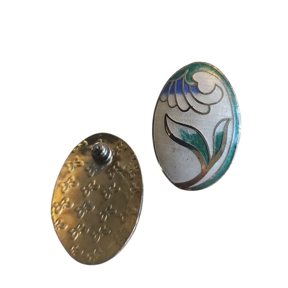 🦋 Vintage Floral White, Green and Blue Enamel Earrings